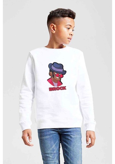 Tshirthane Brawl Stars - Brock Baskılı Unisex Çocuk Beyaz Sweatshirt Beyaz