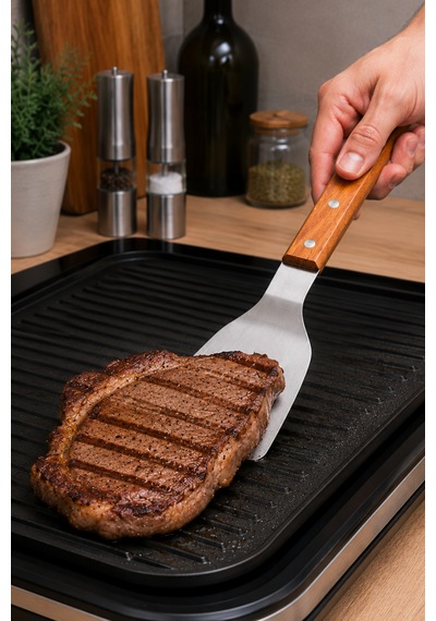 Japon Spatulası Bıçaklı Ve Delikli - Profesyonel 304 Kalite - Teppanyaki Stil Spatula - Ahşap Akasya Saplı - Hem Dekoratif Hem Pratik Paslanmaz Çelik