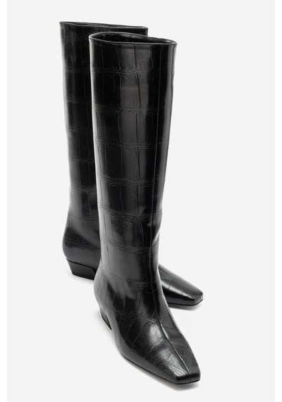 Luvi Shoes Lyrıc Siyah Baskı Kadın Kalın Topuklu Çizme