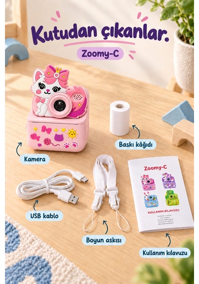 Kj/zm-001 Zoomy-c Kedi Figürlü Anında Baskılı Çocuk Fotoğraf Makinesi, Çift Kamera, 2,4 İnç Ekran, 1080p Video, 3+ Yaş Pembe