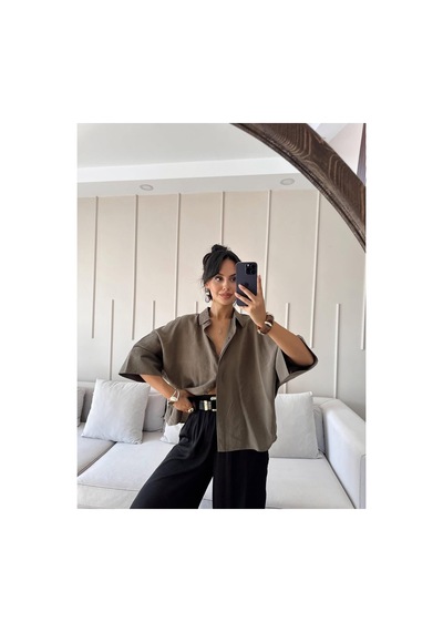 Feg Store Haki Yarasa Kol Duble Manşetli Modal Oversize Gömlek