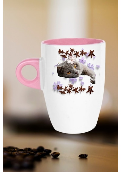 Sevimli Kedi Baskılı Kupa Bardak Porselen Latte Filtre Kahve Fincanı Pembe