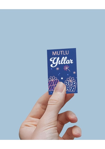Yılbaşı Mutlu Yıllar Yazılı Hediye Kart Seti, Yeniyıl Paketleme Kartı, 25 Adet-5,5x8.5 Cm, Mavi