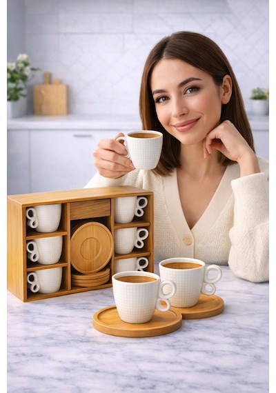 2 Kişilik 4 Parça Porselen Türk Kahvesi Fincan Takımı.bambu Tabaklı Premium Kahve Seti,sınırlı Stok Beyaz
