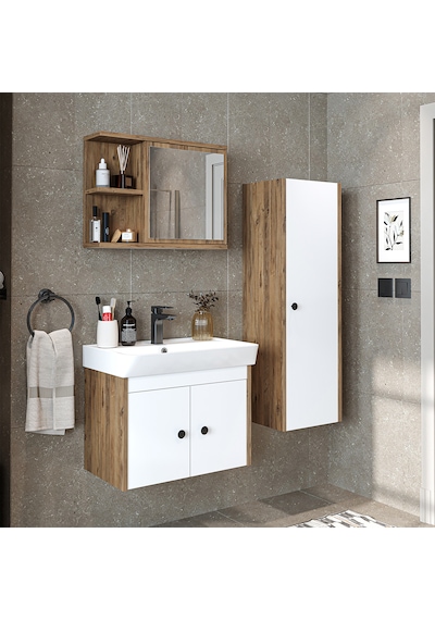 Ada Lavabolu Banyo Alt Dolabı + Banyo Üst Dolap + Banyo Boy Dolap Atlantik Çam - Beyaz Ada Lavabolu Banyo Alt Dolabı + Banyo Üst Dolap + Banyo Boy Dolap Atlantik Çam - Beyaz
