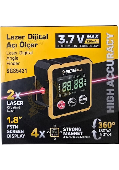 Sgs Mıknatıslı Çift Yönlü Lazer Açı Ölçer - 1.8" Ekran - Type-c Şarj
