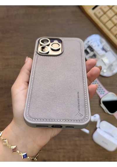 Apple iPhone 15 Pro Max Uyumlu Premium Deri Dokulu Darbelere Karşı Dayanıklı Nazal Silikon Kılıf Gri