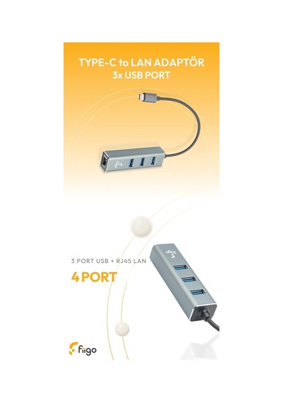 Type-c To Lan Ve 3x Usb Alüminyum Adaptör Gri