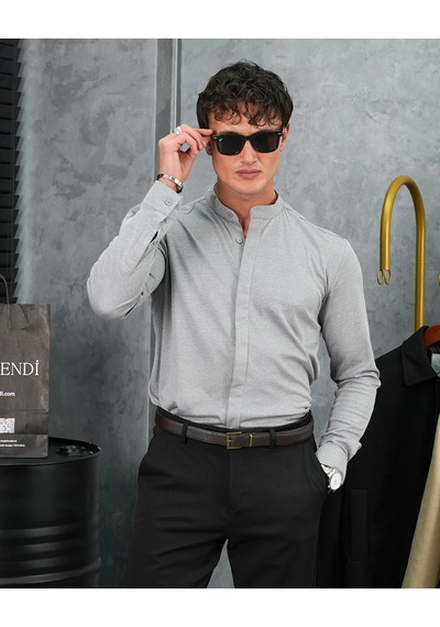Modefendi %100 Pamuklu Slimfit Gizli Kanun Yaka Gömlek Gri