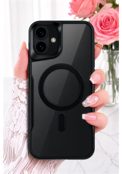 Fibaks iPhone 16 Uyumlu Kılıf Prizma Kamera Çıkıntılı Magsafe Şarj Destekli Mat Renkli Şeffaf Kapak Siyah