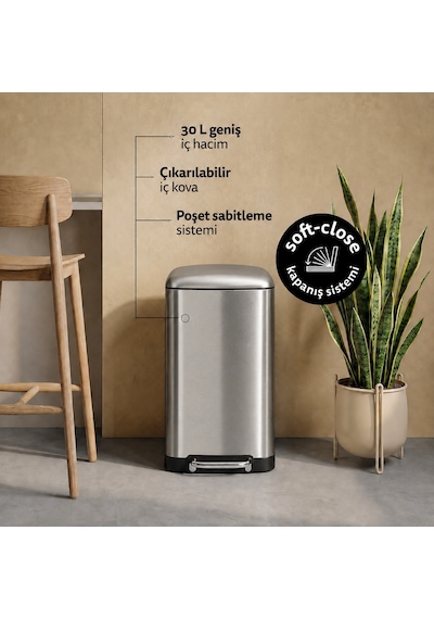 Ariane Metal Pedallı 30 L Çöp Kutusu Çıkarılabilir Kova, Poşet Sabitleme, Geniş Pedal
