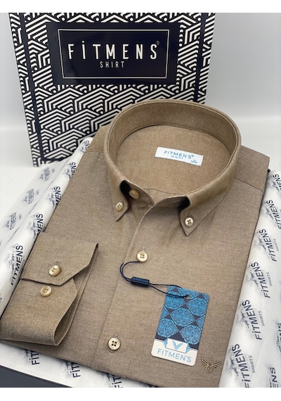 Slim Fit Uzun Kol Pamuklu Hediye Kutulu Kolay Ütülenebilir Erkek Gömlek Fs-002225 - Kahverengi-2806