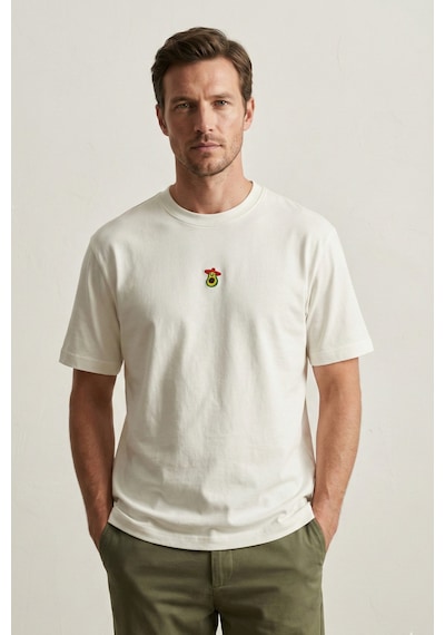 Elemge Pamuk Compact Penye Süprem Ekru Avakado Nakışlı Trend Fit Erkek Tok Kumaş T-shirt Rahat Kesim 2XL