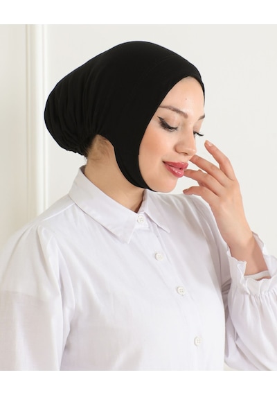 Melodi Scarf Kadın Tesettür Geniş Hacimli Pratik Ense Ve Çene Altından Geçmeli Kaymayan Bone Siyah Çeneli Bone Siyah