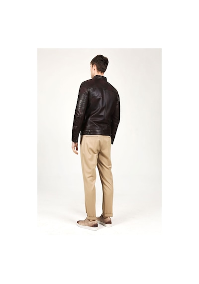 Dericlub Arthur Erkek Dik Yaka Slim Fit Gerçek Deri Mont Kestane Kestane