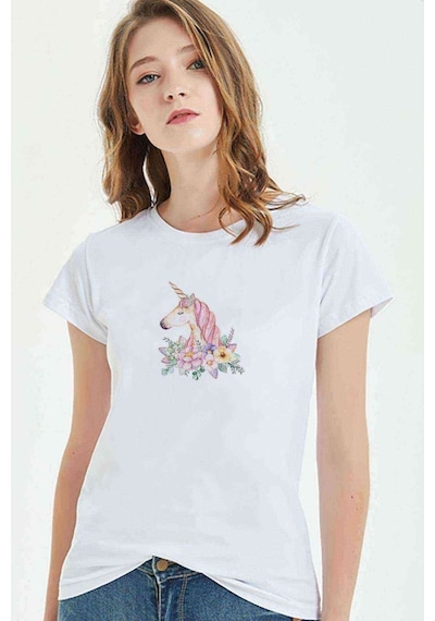 Unicorn Flower Unnamed Baskılı Beyaz Kadın Tshirt