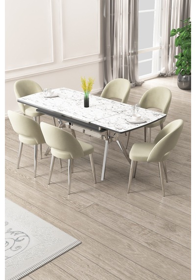 Canisa Weps Serisi 89x150 Açılabilir Lak Panel Beyaz Mermer Krom Ayak Masa Takımı Ve 6 Krem Sandalye Beyaz Mermer Desen Masa Krem Sandalye Canisa Weps Serisi 89x150 Açılabilir Lak Panel Beyaz Mermer Krom Ayak Masa Takımı Ve 6 Krem Sandalye Beyaz Mermer Desen Masa Krem Sandalye