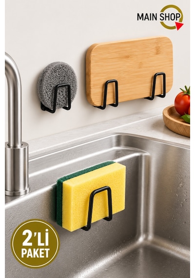 Mainshop 2 Adet Siyah Sünger Askılığı Evye Sünger'liği Banyo Mutfak Düzenleyici Musluk Yanı Sünger'lik M-sng1