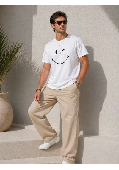 Veraura Lifestyle Erkek Minimal Gülümseyen Yüz Baskılı Tişört Kısa Kol Yazlık T-shirt - Beyaz