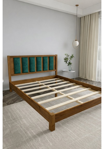 Ori On Zümrüt Yeşili Puf Başlıklı Masif Ahşap Ceviz 100x200