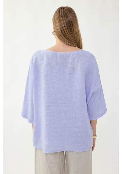 Vitrin %100 Keten Geniş Yaka Oversize Kısa Kol Bluz LİLA