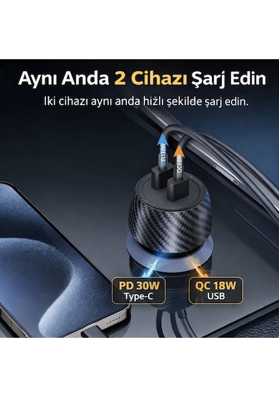 Polham 48w Süper Hızlı Type C Ve Usb Girişli Araç İçi Şarj Cihazı, Pd 30w + Qc 18w Çift Port 12v/24v 1 Adet