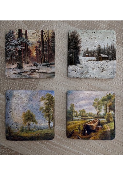 Doğa Ve Orman Manzarası Doğal Taş Bardak Altlığı 4'lü Set - Natural Stone Coasters - Taş Çok Renkli