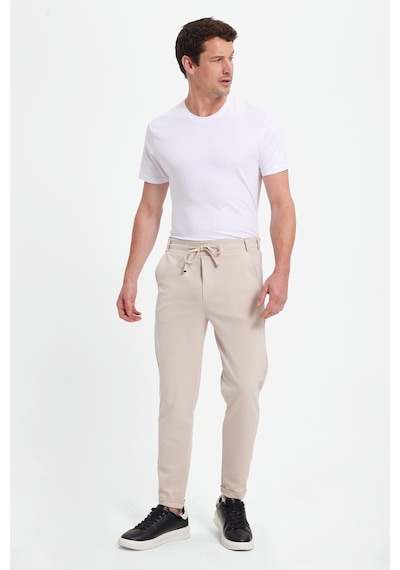 Tudors Erkek Slim Fit Pamuklu Beli Bağlamalı Yan Cepli Katlamalı Paça Jogger Bej Pantolon-42320 Bej