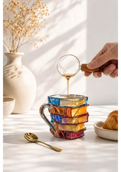 2'li Kitap Tasarımlı Renkli Borosilikat Cam Kupa 350 Ml 3 Boyutlu Kahve, Çay Ve Nescafe Bardağı