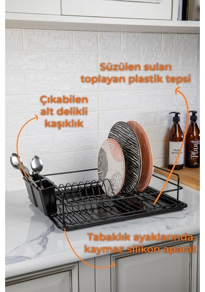Paslanmaz Metal Tabaklık Bulaşıklık Bulaşık Sepeti Termo Plastik Kaplama Siyah Siyah