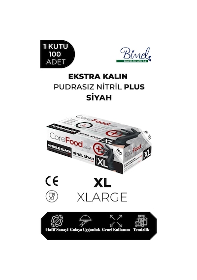 Ekstra Kalın Nitril Siyah Plus Muayene Eldiveni Xl - 1 Paket 100'lü