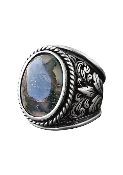 925 Ayar Gümüş Yüzükler - Doğal Agat Taşı Moss Agate Gümüş