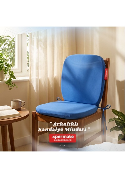 Arkalıklı Sandalye Minderi Oval Bağcıklı Mutfak Bahçe Balkon Minderi Mavi