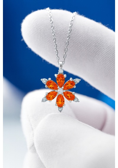 Çekirdekjewelry 925 Ayar Gümüş Turuncu Taşlı Çiçek Kolye Gri