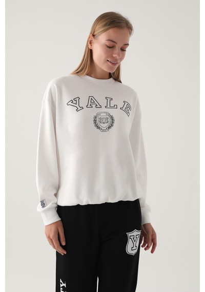 Yale Krem Baskılı Bisiklet Yaka Kadın Sweatshirt 5274-41118 Krem