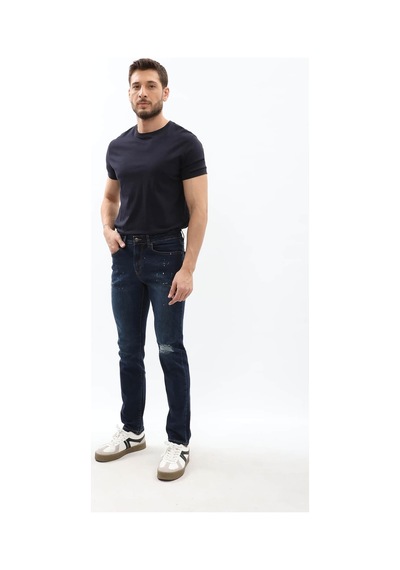 Blue White Erkek Dizi Yırtık Slim Fit Boya Detay Jean Pantolon Lacivert 36