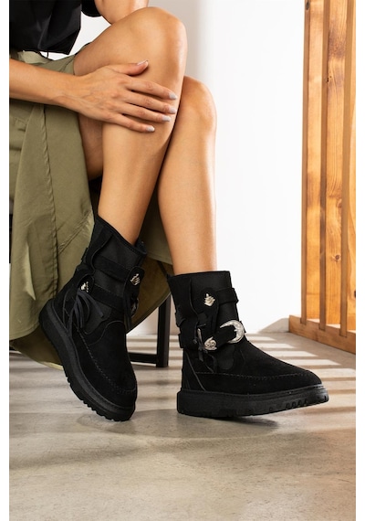 Shoetek Filipa Kadın Bot&bootie Püsküllü Postal Siyah Süet Siyah Suet