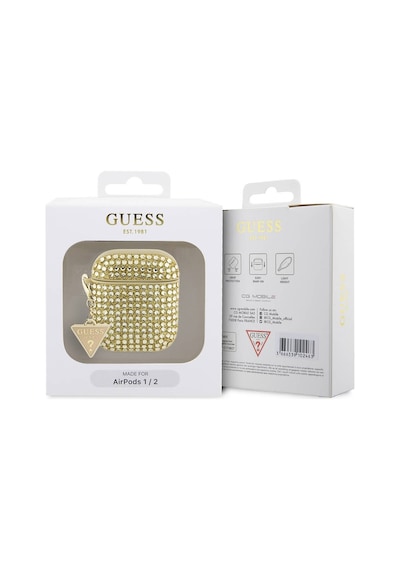 Apple Uyumlu AirPods Kılıf Guess Lisanslı Parıltılı Taş Kaplamalı Üçgen Logo Süs Zincirli Gold