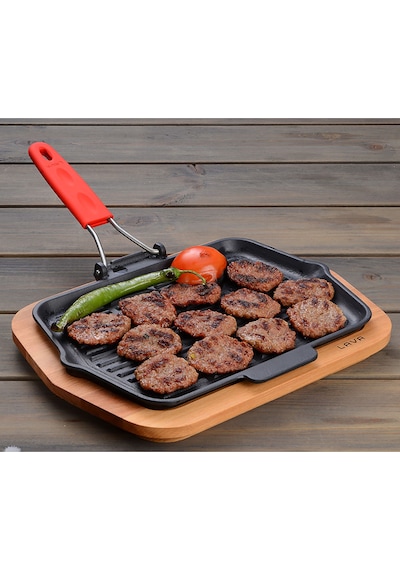Lava Döküm Izgara Tava Silikon Tel Saplı. Ölçü 21x30cm - Kırmızı