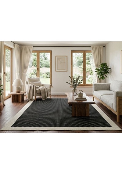 Derin Sisal Krem Bordürlü Siyah Jüt Sisal Dekoratif Kaymaz Taban Yıkanabilir Halı St05-948 Renkli