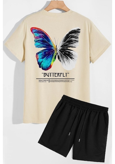 Uyguntarz Butterfly Sırt Baskılı Şort T-shirt Eşofman Takımı Bej
