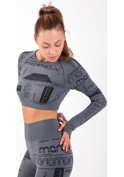Maraton Active Slimfit Kadın Bisiklet Yaka Uzun Kol Koşu Antrasit Crop Top 816025 Antrasit