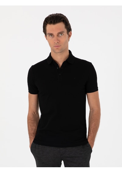 Siyah Slim Fit Polo Yaka Pamuklu Basic T-shirt