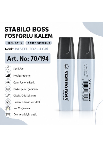 Boss Fosforlu Kalem 1 Adet Metin İşaretleme Kalemi Tozlu Gri