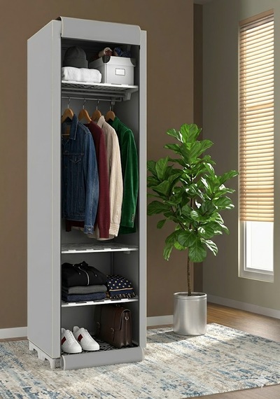 Missidea Slim Fit Portatif Metal Profilli Askılı Raflı Bez Dolap Gri