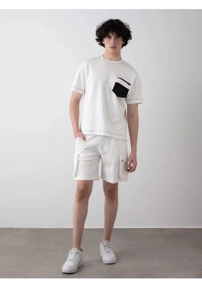Erkek Teenage Fermuarlı Oversize Şortlu Takım-15543 Beyaz