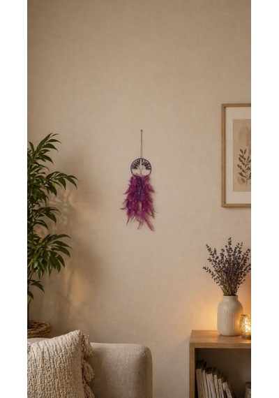 Ametist Doğal Taşlı İncili Rüya Kapanı Dreamcatcher 50 Cm İncili Duvar Süsü