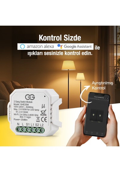 Günsan Akıllı Wifi Nötrlü Komütatör Röle 2 Kanal İkili Anahtar Modülü Tuya & Smart Life Uyumlu