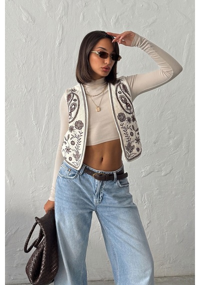 Verymoda Fitili Kadife Nakışlı Yelek Vmf2010 Krem