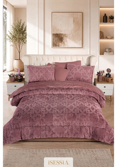 Lina Çift Kişilik Jakarlı Wellsoft Uyku Seti Çift Taraflı 230x250 Cm Çantalı Mürdüm